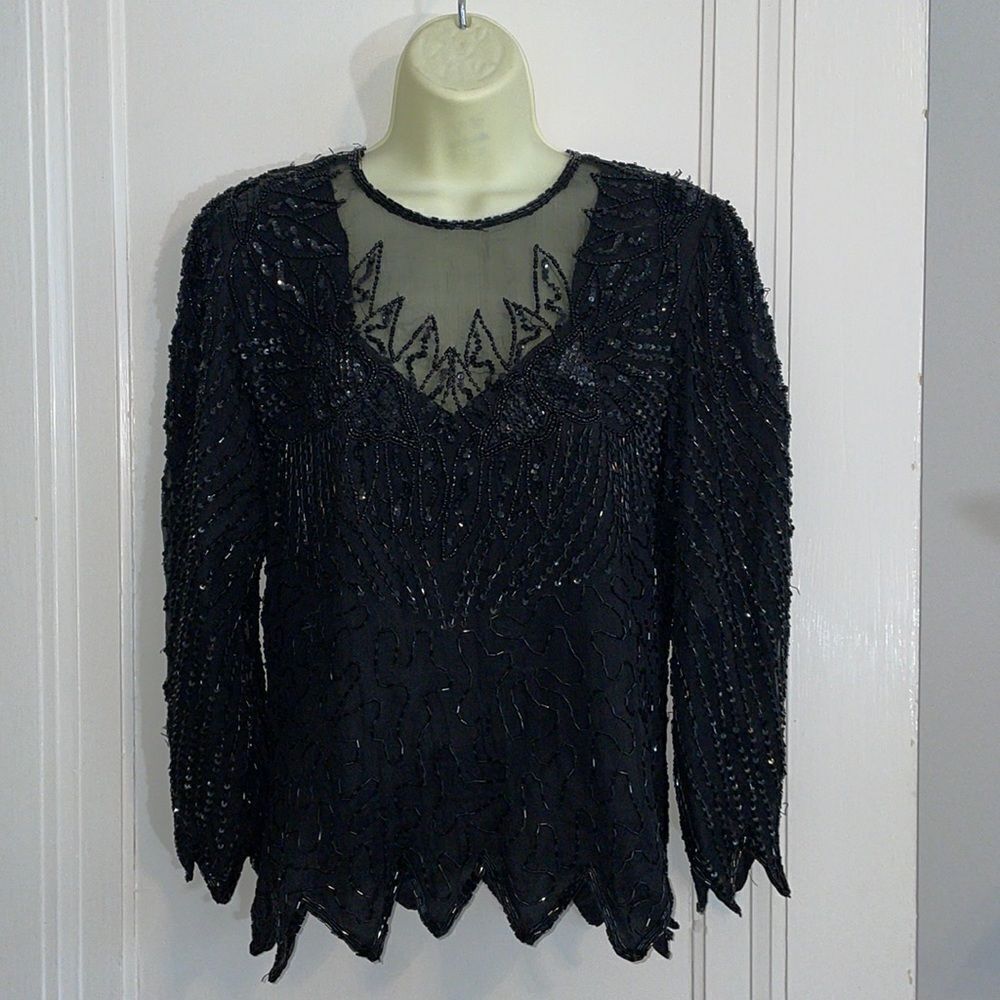 Vtg Laurence Kazar black beaded & sequined dressy blouse